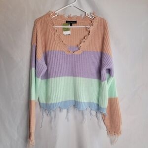 NWT Derek Heart Size L Pastel Cropped Tattered Raw Hem Striped Sweater